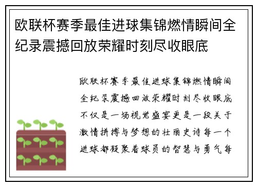 欧联杯赛季最佳进球集锦燃情瞬间全纪录震撼回放荣耀时刻尽收眼底